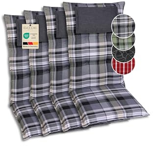 GO-DE Textil Bequeme und attraktive Polsterauflagen für Hochlehner-Gartenstühle (4er-Set, Karo grau, Hochlehner)