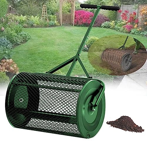 Épandeur de compost pour pelouse et jardin, rouleau à gazon durable de 23,6 pouces et poignée réglable en forme de T, parfait pour épandre de la mousse de tourbe, de l'engrais et (vert), 40 cm