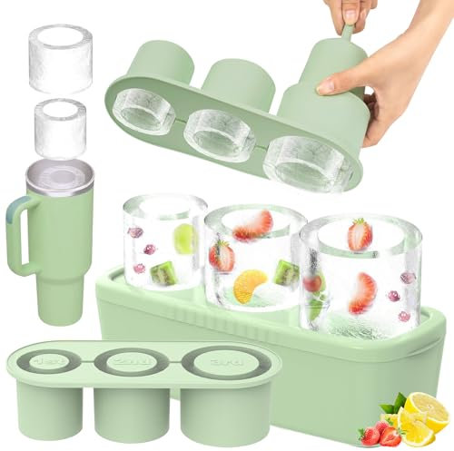 Molde de cubitos de hielo para accesorios Stanley Cube, 3 compartimentos de silicona con tapa, reutilizable de 40, 30, 20 onzas, bandeja de cubitos de hielo para cerveza, cócteles y whisky