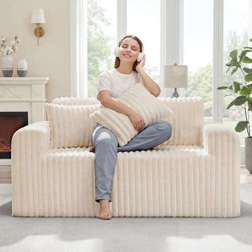 Hobestluk Zweisitzer-Schaumsofa mit Kissen, flauschig für kleine Räume | Weiß, Loveseat, Kunstfell, weiche Stütze, 2 Lendenkissen, montagefrei, kompakte Größe, für Wohn-/Schlaf-/Büro-/Wohnheim