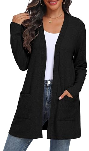 QIXING Women's Cardigan Open Front Lightweight Long Sleeve Casual Sweater Cardigan with Pockets for Autumn Winter (Black, M)