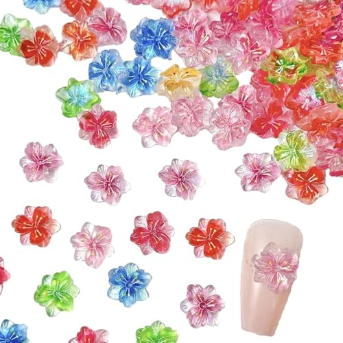 YUZNA 50pcs Charms 3D Fleur pour Ongles Accessoires Nail Art Pierres Brillantes Strass Décorations Lumineuses Fleurs Colorées