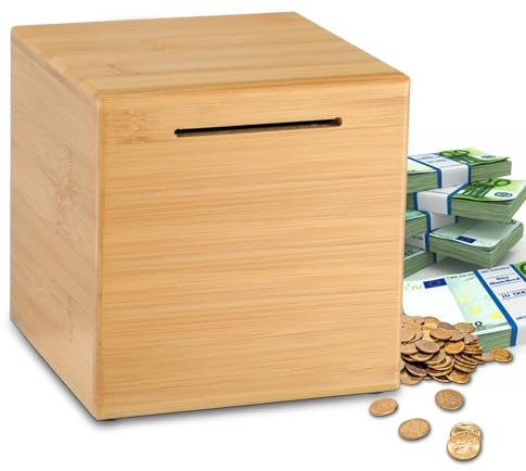 Wuhonghao Spardose Holz Personalisiert Groß，Holzspardose Kinder Bambus mit Schloss，XXL Sparschwein Personalisierte für Erwachsene，Taufgeschenke-Sparbox für Jungen/Mädchen， (15×15cm)