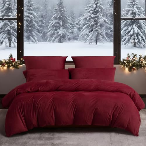 YASMENG Winter Bettwäsche 200x220 Weinrot Rot Warm Kuschelig Flauschige Bettwäsche Winter Weich Warme Samt Plüsch Fleece Flanell Bettbezug Set 3 Teilig mit Reißverschluss und 2 Kissenbezüge 80x80 cm