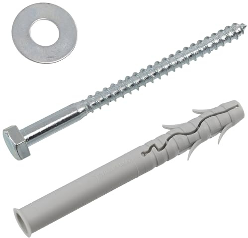 AERZETIX - Kit de 10 chevilles à collerette Ø14x135 mm en nylon avec ailettes + 10 vis tirefond Ø10x140 mm + 10 rondelles larges pour boulon M10 | fixation en matériaux pleins béton brique parpaing