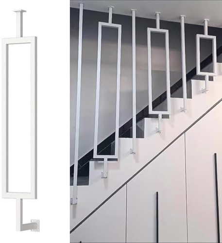 Anpassningsbara trappräcken i järn för nivå- och sluttningstrappor, svart/vita metallspindlar 155 cm (61 tum) höga hållbara säkerhetsstolpar för att förhindra fall (1 st)