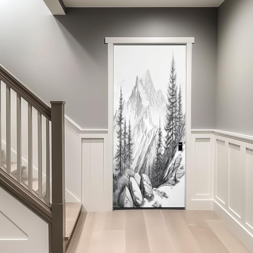 Adesivi Porte 3D 77 x 200 cm Disegno Matita Montagne Alberi Autoadesivo Carta Parati Porta fotomurali Decorazione da Parete Poster murale Decalcomanie Rimovibile per Soggiorno Camera da letto, Grigio