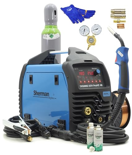 Sherman DIGIMIG 209 ProHIT MIG MAG Schweißgerät Set mit Gasflasche 8L – 200A Synergie 4 Rollen Inverter – 3 in 1 Schutzgas Schweißmaschine Komplettset inkl. Druckminderer, Draht & Spray Punktschweißen