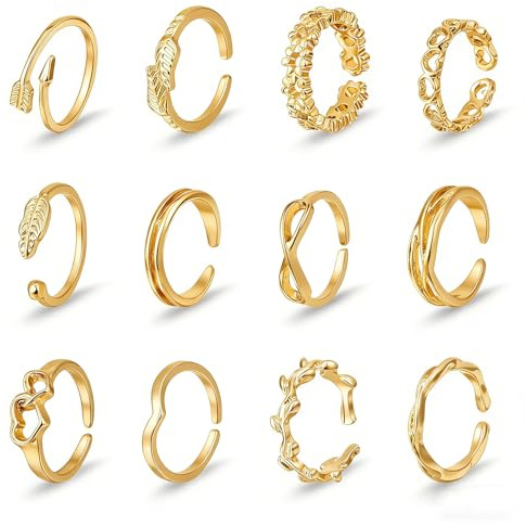 Ouligay 12PCS Toe Rings for Women Non Tarnish Gold Adjustable Toe Rings Set with Open Flower Toe Ring, Copper Crafted, Perfect Summer Beach Jewelry