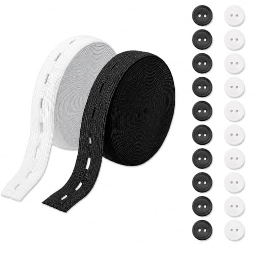 2PCS Gummiband mit Knopfösen 16m, Knopfloch 15 mm, Knopflochgummi Schwarz Weiß, Gummiband für Hose Rock Taillenanpassung, elastisches Nähzubehör mit 20 Knöpfen für DIY Nähen
