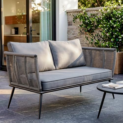 LIFERUN 2-Sitzer Polyrattan Lounge Sofa, wetterfeste Garten- und Balkonmöbel, komfortable Sitzbank mit Lehne, vielseitig nutzbar für Innenbereich, Garten, Terrasse und Wintergarten, Grau