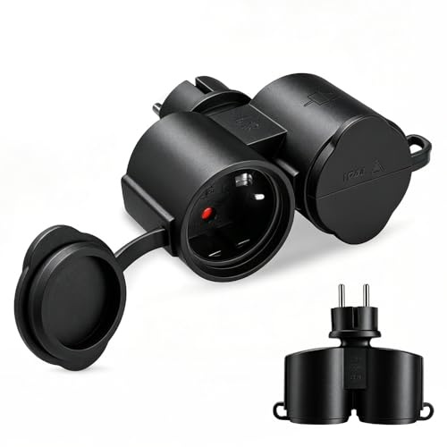 Doppelstecker für Steckdose, 16A/250V 3500W Verlängerungskabel Kurz 2 Fach Steckdosen Wasserdicht IP44 2 Fach Steckdosenadapter Ohne Kabel Doppelsteckdose Adapter für Zuhause, Büro, Außenbereich