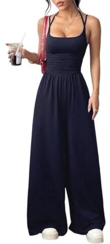 FULOOE Combinaison Femme Ete Jumpsuit Élégant Sans Manches Col U Casual Playsuit Jambe Combinaison Femme Été Élégante Dos Nu Sexy Pantalon Large Fluide Chic Sans Manches Jumpsuit
