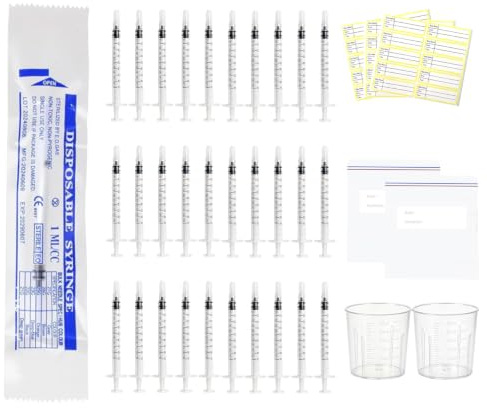 30 Pcs Colostrum Collection Kit, 1ml Syringe with Protective Cap | Breast Milk Collector with 2*30ml Measuring Cups,2 Liquid Storage Bags and 30 Stickers,Colostrum Harvesting Kit for Breastfee