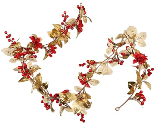 BEAZOOM Guirnalda de acebo de Navidad de 160 cm con luces LED blancas cálidas, bayas rojas y doradas, para decoración de hojas y fiestas
