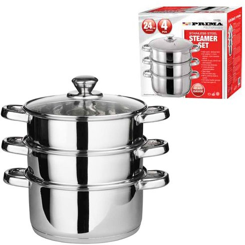 NEW 24CM 4PC Steamer Cooker Pot Set PAN Cook Food Glass LIDS Handle 3 Tier Stainless Steel | Mirror Polish Inside & Out | Ventilated LID Hole