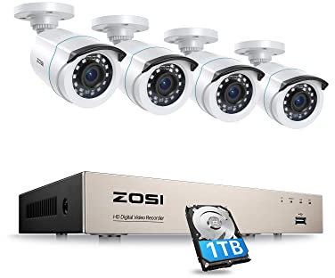ZOSI 1080P Kit de Videovigilancia Sistema de Seguridad 8CH 2MP Grabador DVR + (4) Cámara de Vigilancia Exterior, 20m Visión Nocturna, Detección de Movimiento, 1TB Disco Duro