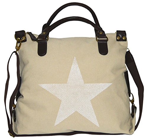 thb Richter Tasche Canvas PU Leder Stern Star Bag Shopper Handtasche Schultertasche Umhängetasche Henkeltasche Baumwolle Stoff Tragetasche beige