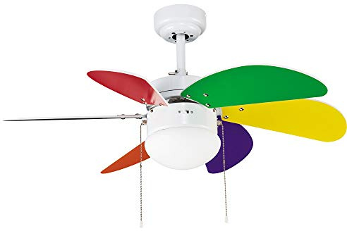wonderlamp Ventilador de Techo Multicolor 76 cm con Motor AC 3 Velocidades, 6 Palas MDF, Función Verano Invierno, Casquillo E27, Apto Techos Inclinados 19°, NO TIENE MANDO A DISTANCIA