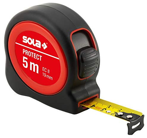 SOLA PROTECT - Bandmaß 5m / 19mm - robustes Rollbandmaß mit Gürtelclip - Stahlband, gelb lackiert mit mm Skala - Genauigkeitsklasse II - Rollmeter mit beweglichem Endhaken - Länge 3m, 5m, 8m