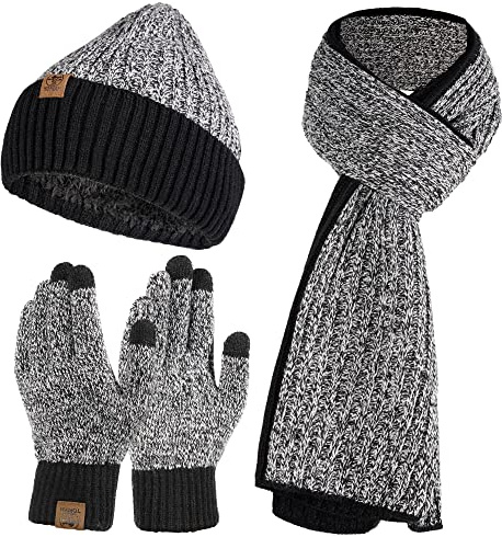 Tofern Schal Mütze Handschuhe Set Onvavient Herren Winter Strick Herrenhaube mit Fleecefutter Gloves Touchscreen, Flauschig Winter Zubehör