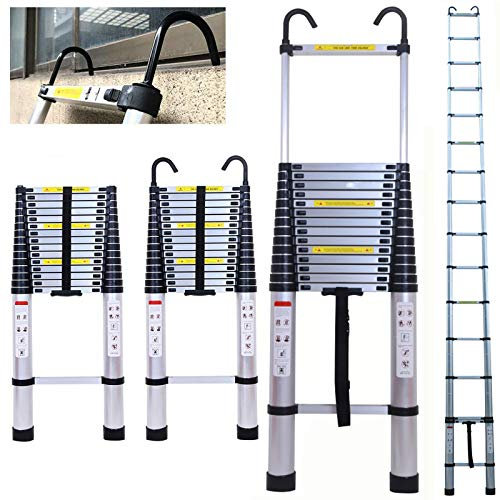 Scaletta telescopica in alluminio resistente, 6,2 m, con gancio di sicurezza staccabile, portata massima 150 kg, portatile, pieghevole, per uso interno ed esterno, scala telescopica multiuso.