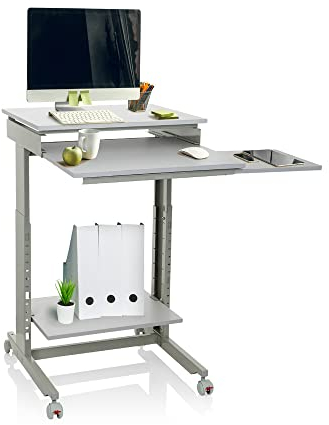 hjh OFFICE 830021 Schreibtisch Workstation Grau Stehpult Home-Office, höhenverstellbar mit Rollen, Tastaturauszug
