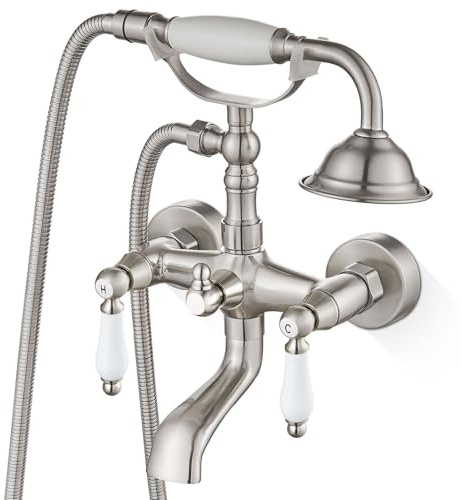 Airuida Badewannenarmatur mit Telefon-Handsprüher, gebürstetes Nickel | Wandhalterung, viktorianischer Vintage-Stil, Vintage-Wannenfüller, Hebelgriff