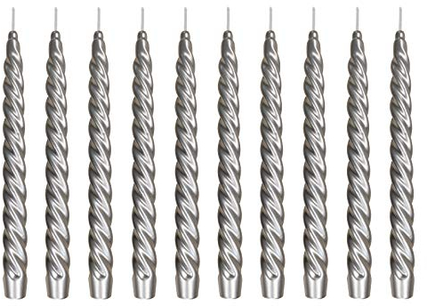 Ebersbacher Kerzenfabrik GmbH Renaissancekerzen Spitzkerzen gedreht lackiert Silber, 10 Stück, Größe ca. 22 x 250 mm, einzeln in Folie, Leuchterkerze Tafelkerze Stabkerze
