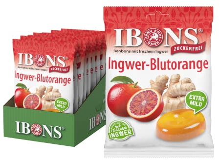 IBONS Ingwer Blutorange Bonbons Zuckerfrei – Lutschbonbons ohne Zucker – mit echtem frischem Ingwer – vegan & glutenfrei & halal – 10 x 75 g