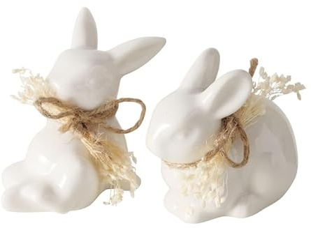 RiloStore 2 STK Osterhase Weiss Porzellan b637 Hasen mit Schleife Shabby Chic Vintage 8cm Osterhasen Paar Häschen Hasenkinder