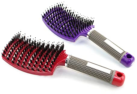 Spazzola per Capelli Curva con setole di Cinghiale, Spazzola Capelli, per Capelli- Adatta Styling a Capelli Lunghi, Fini, Ricci o Lisci, Crespi, Mossi 2 Pezzi