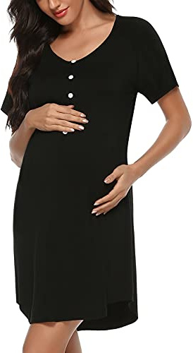 Uniexcosm Chemise de Nuit Femme Été Robe de Nuit Femme Coton Chemise de Nuit Allaitement Maternité Manches Courtes Col en V avec Bouton Devant Ouvert Noir S