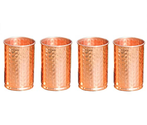 ANCIENTIMPEX Pure Copper Tumbler Set of 4 Hammered, for Ayurveda Health Benefits - 350 Ml Capacity