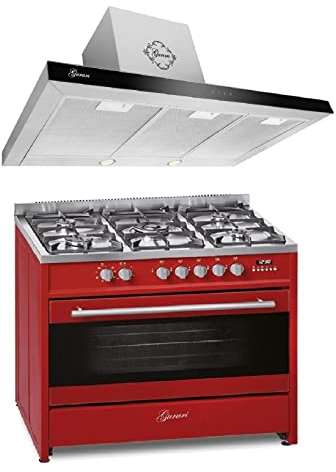 GURARI Gas Elektro Standherd GCH E 911 R+GCH F 462 IS 9 Prime 90 cm/Range Coocker / 121L / 8 Funktionen/Erd-/Propangas + Dunstabzugshaube 90 cm 1000m³/h Wandhaube in Edelstahl Glas
