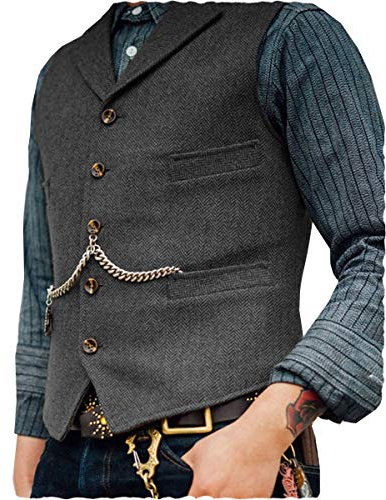 AeoTeokey Classic Mens Wool Tweed Suit Vest Casual Sleeveless Jacket Herringbone Waistcoat for Tuxedos(M,Grey)