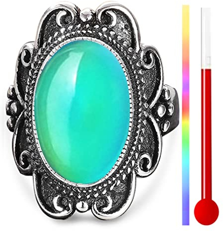 THJEW Oval Color Changing Crystal Stone Magical Mood Ring,Retro Vintage Antique S925 Sterling Silver Wide Full Finger Chunky ,Mystery Temperature-Control Changeable Gemstone Glass Mood Ring,Solitaire Boho Statement Witchy (Ring_A, 10)