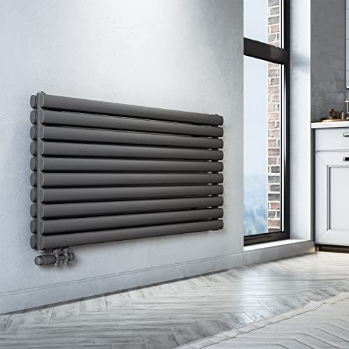 SONNI Design Heizkörper mit Multiblock 593x1200mm Anthrazit Doppellagig Horizontal Paneelheizkörper Seitenanschluss Badheizkörper