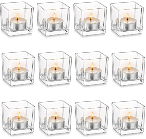 Hewory - Portacandele in vetro: 12 Bicchieri per Candela Trasparenti, Quadrati, per Matrimoni, Decorazione da Tavolo, Centrotavola, Feste di Compleanno, Sala da Pranzo