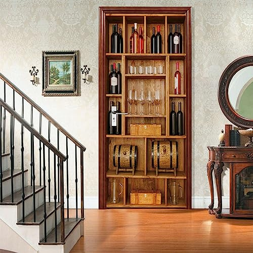 A.Monamour Adesivo Porta Autoadesiva 3D Portaoggetti In Legno Con Bottiglie Di Vino E Bicchieri Vinile PVC Adesivi per Porte Interne Pellicola Adesiva Poster Murale Parete Carta da Parati 85x215cm
