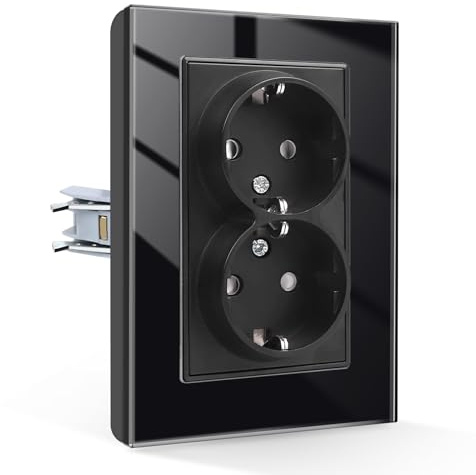 CNBINGO Glas Doppelsteckdose Unterputz,Doppel Wandsteckdose Schwarz | EU-Standard 2 Fach Steckdosen mit Kindersicherung, Glasplatte,16A 250V