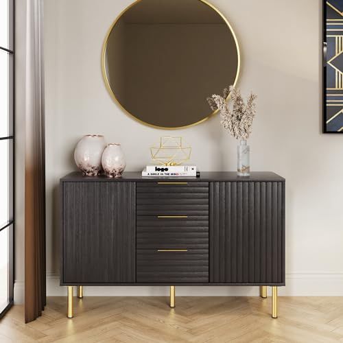 GFW Nervata Sideboard, Black Storage Cabinet with 3 Drawers and 2 Doors, Art Deco Style Sideboard with Gold Accents and Wood Grain Texture for Living Room and Dining Room