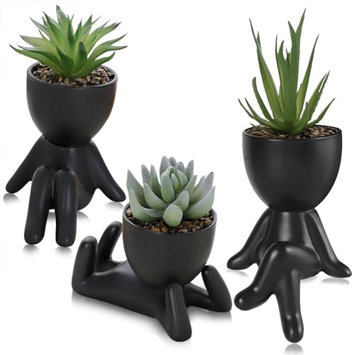 Duscdesp Artificial Potted Plant Set of 3 Cute Fake Succulent Plant Pot,Artificial Plants Indoor Succulents Plants Faux Plants for Home Office Bathroom Decor (3 BLACK)