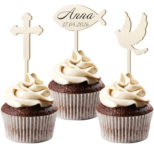 12 PCS First Holy Communion Cupcake Topper Baptism Cake Decorations, Communion Baby Shower Wooden Fish Dove Cross Decorations, Christening Cake Topper for Birthday Boys and Girls (Wood Color)