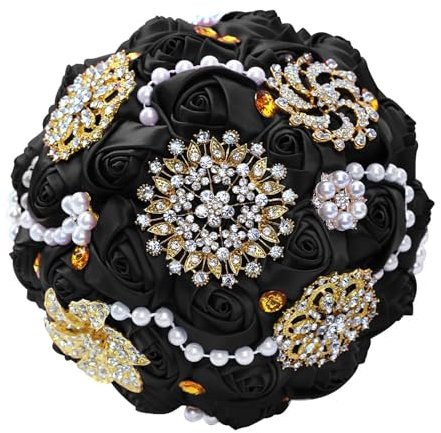 Fasksh Handgefertigte Brosche Brautstrauß Brautstrauß Satin Rosen Blumen Strass Perlen Blumensträuße Hochzeitsstrauß künstlicher Blumenstrauß künstlicher Rosenstrauß Dekoration (Farbe: Schwarz, Größe: