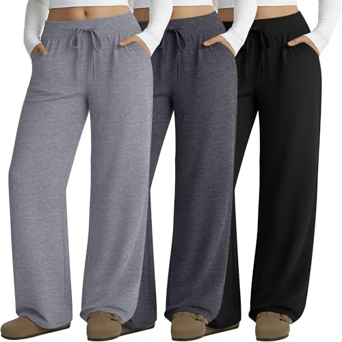 Neer Set da 3 Pantaloni da Lounge Grande Taglia per Donna Pantaloni da Yoga a Gamba Larga Ampi Jogger Casual(Grigio Chiaro, Grigio Scuro, Nero,3XL)