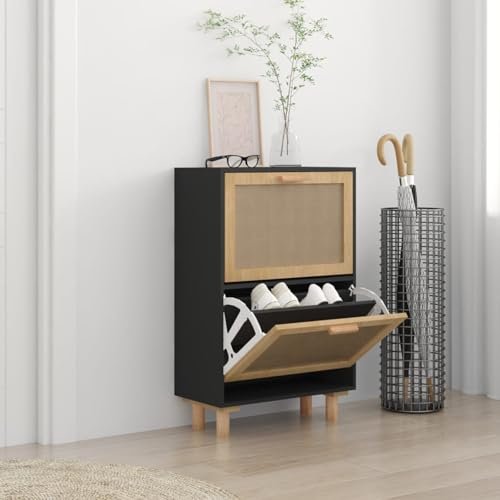Iiaky Schuhschrank Shoes Cabinet Schuhaufbewahrung Schuhschrank Flur Schwarz 52x25x80 cm Holzwerkstoff & Rattan Natur
