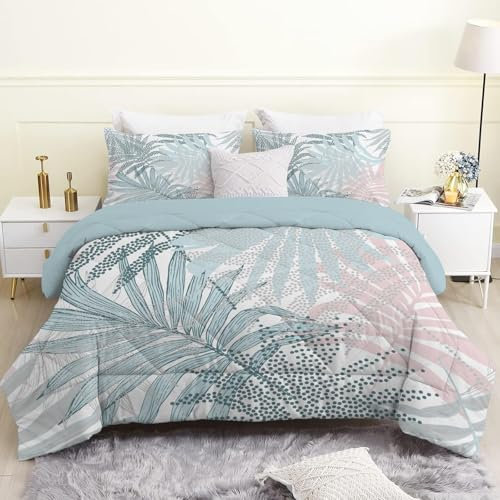 Linfye Edredon Legere Housse de couette 200 x 200 cm avec feuilles bleues et housse de couette imprimée 4 saisons Edredon Legere Housse de couette 2 personnes microfibre plantes blanches sans poches