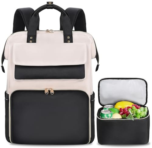 BERTASCHE Lunch Rucksack, Laptop Rucksack Damen 15,6 Zoll mit Isoliertes Kühltasche, 2-in-1-Arbeitsrucksack für Frauen/Arbeit/Business/Reisen/Lehrer/Schule/Uni，Schwarz-Beige