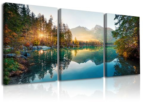 Piy Painting Wandmalerei Gemälde Natur, See Bild, Sonnenaufgang Kunstdruck, Wandbilder, Leicht Zu Hängen Für Wohnzimmer Büro Klassenzimmer Konferenzraum Bars, 3 Stück, 40x30 cm (90X40 CM)